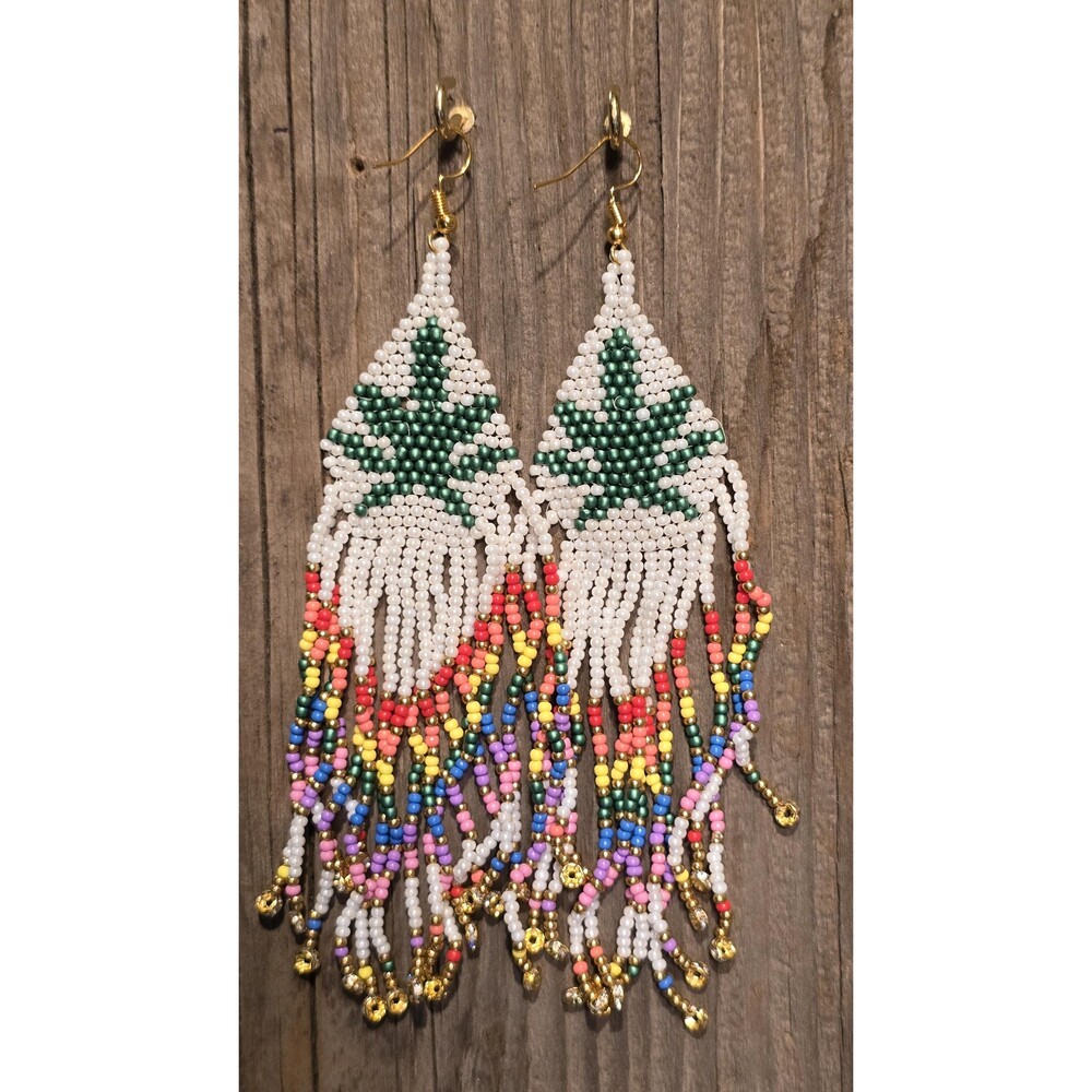 Handmade Beaded Earrings Drop / Dangle Approx 6 in Dangle Marijuana Leaf